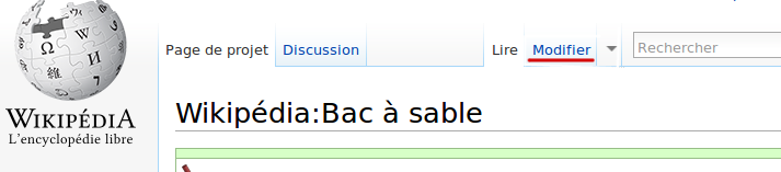 En bleu cerclé de rouge, l'onglet pour modifier une page, ici le bac à sable.