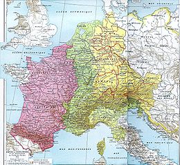 Une carte montrant le partage de l'Empire carolingien au traité de Verdun en 843. Le tiers occidental, appelé Francie occidentale, est l'ancêtre de la France.