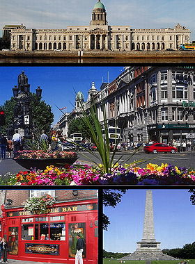 Haut : Custom House. Milieu : O'Connell Street. Bas gauche : Temple Bar. Bas droite : Phoenix Park.